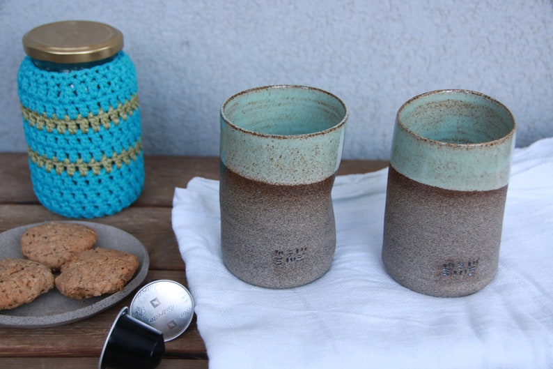 Set of Two Ceramic Cups pottery ceramic cups turquoise ceramic cups stoneware ceramic cup curved coffee mug no handle coffee mug image 9