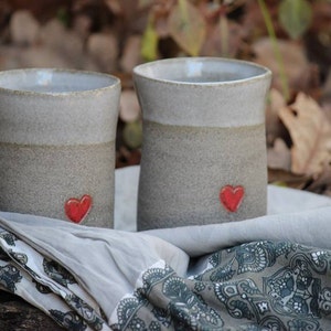 set of two Coffee mugs pottery coffee mugs with a red heart stoneware set of two coffee mugs curved coffee mugs image 1