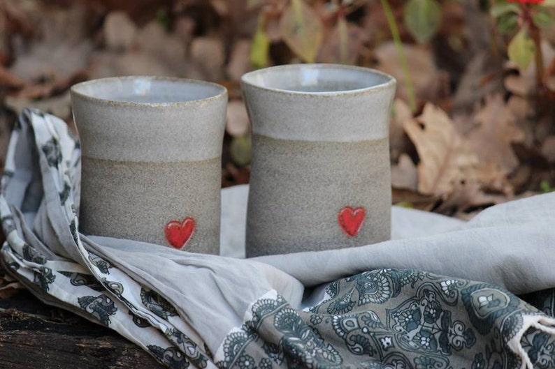 set of two Coffee mugs pottery coffee mugs with a red heart stoneware set of two coffee mugs curved coffee mugs image 1