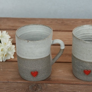 2 pottery large matte pottery hot drinks mugs with red heart  - pottery wedding gift idea