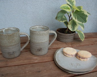 pottery coffee mugs - set of two ceramic cups and two ceramic plates - clay plate - housewarming gift - pottery set - stoneware coffee mug