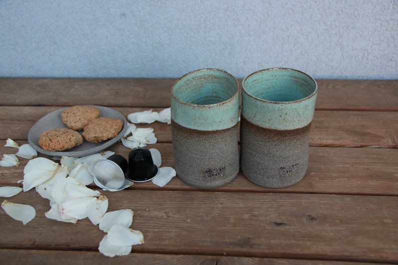 Set of Two Ceramic Cups pottery ceramic cups turquoise ceramic cups stoneware ceramic cup curved coffee mug no handle coffee mug image 6