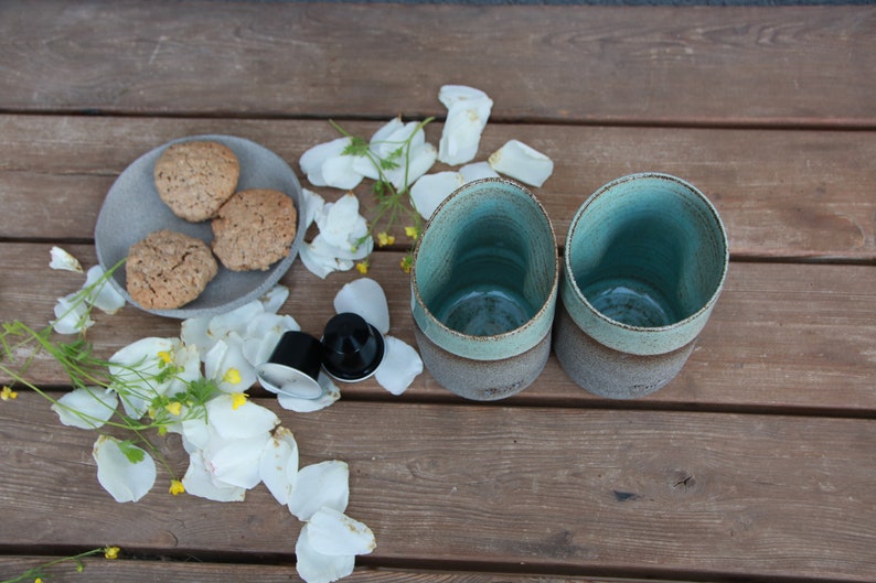 Set of Two Ceramic Cups pottery ceramic cups turquoise ceramic cups stoneware ceramic cup curved coffee mug no handle coffee mug image 8