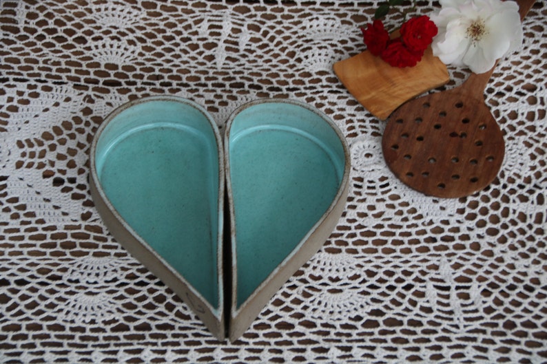 Heart dish, pottery serving dishes, heart shaped bowl, turquoise ceramic serving dish, valentines day gift, wedding gift, heart baking dish image 4