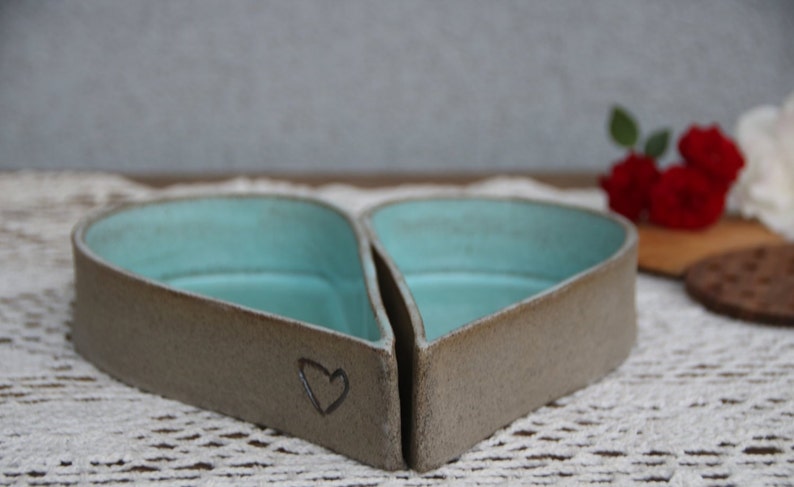 Heart dish, pottery serving dishes, heart shaped bowl, turquoise ceramic serving dish, valentines day gift, wedding gift, heart baking dish image 2