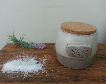 Pottery salt jar with cork lead - Salt dish  - house warming kitchen gift  - country house gift