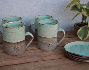 ceramic mugs - ceramic plates -set of 4 pottery Coffee mugs with heart in black and handle and 4 pottery plates-turquoise glaze-gift idea