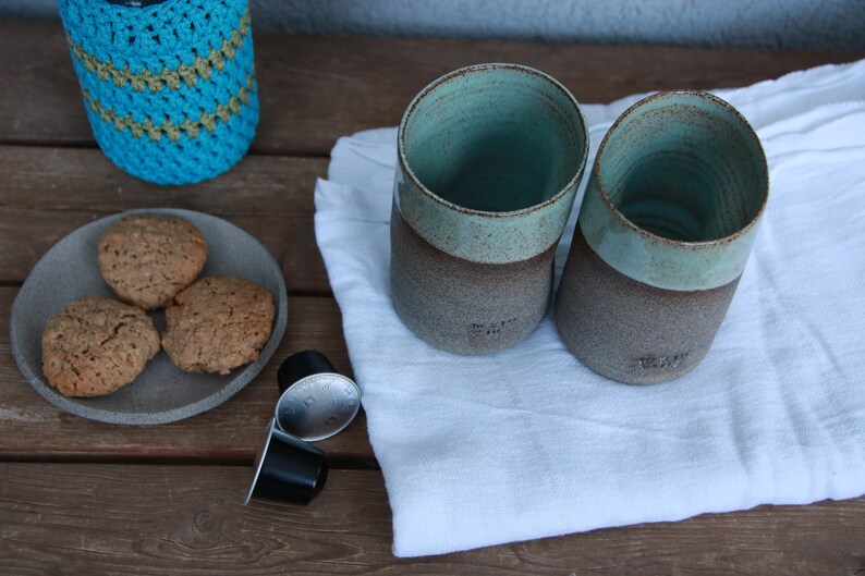 Set of Two Ceramic Cups pottery ceramic cups turquoise ceramic cups stoneware ceramic cup curved coffee mug no handle coffee mug image 3