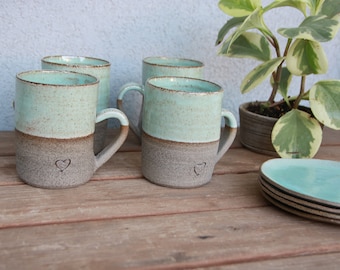 rustic pottery-pottery mugs -set of 4 ceramic Coffee mugs with heart in black and handle and 4 ceramic plates -wedding gift - pottery plates