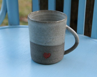 Coffee mug - clay coffee mug - pottery coffee mug with a red heart  - stoneware coffee mug - coffee lover gift idea