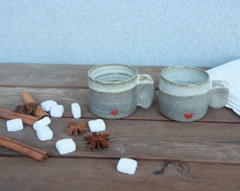 Heart coffee cup, ceramic espresso cup set of 2, stoneware cup set, ceramic rustic coffee cup, rustic coffee cup, ceramic coffee cup heart