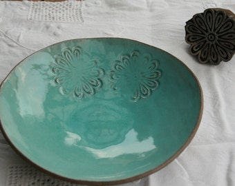 Large Serving bowl in turquoise - pottery clay bowl with flowers - house warming gift