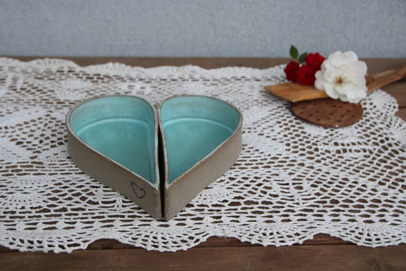 Heart dish, pottery serving dishes, heart shaped bowl, turquoise ceramic serving dish, valentines day gift, wedding gift, heart baking dish image 6