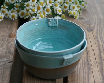 pottery bowls - 2 Large Deep bowls - Brown and Turquoise pottery serving bowls  for soup - house warming gift idea - soup bowls