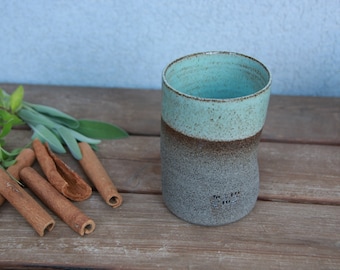 Ceramic Cup - pottery ceramic cup - turquoise ceramic cup - stoneware ceramic cup - curved coffee mug  - no handle coffee mug