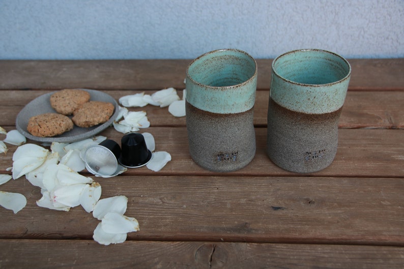 Set of Two Ceramic Cups pottery ceramic cups turquoise ceramic cups stoneware ceramic cup curved coffee mug no handle coffee mug image 5