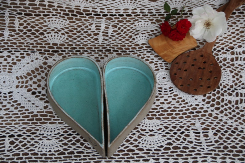 Heart dish, pottery serving dishes, heart shaped bowl, turquoise ceramic serving dish, valentines day gift, wedding gift, heart baking dish image 7