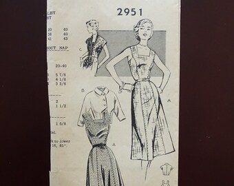 Bust 32 Vintage 40/'s Pattern By Mail New Style #2951 Sleeve Variations Hip 35 Square Neckline Sleeveless Dress with Jacket Size 14