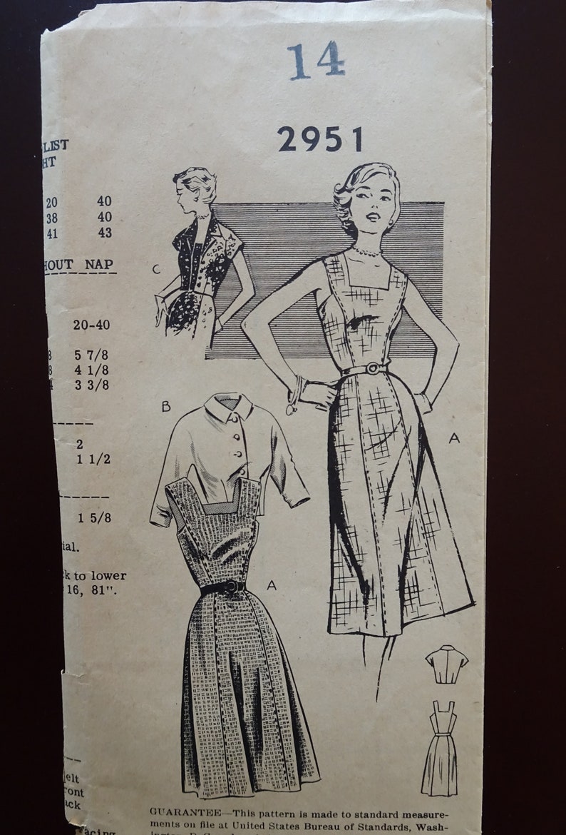Bust 32 Vintage 40/'s Pattern By Mail New Style #2951 Sleeve Variations Hip 35 Square Neckline Sleeveless Dress with Jacket Size 14