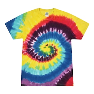 May include: A yellow, blue, red, and purple tie-dye t-shirt with a spiral pattern.