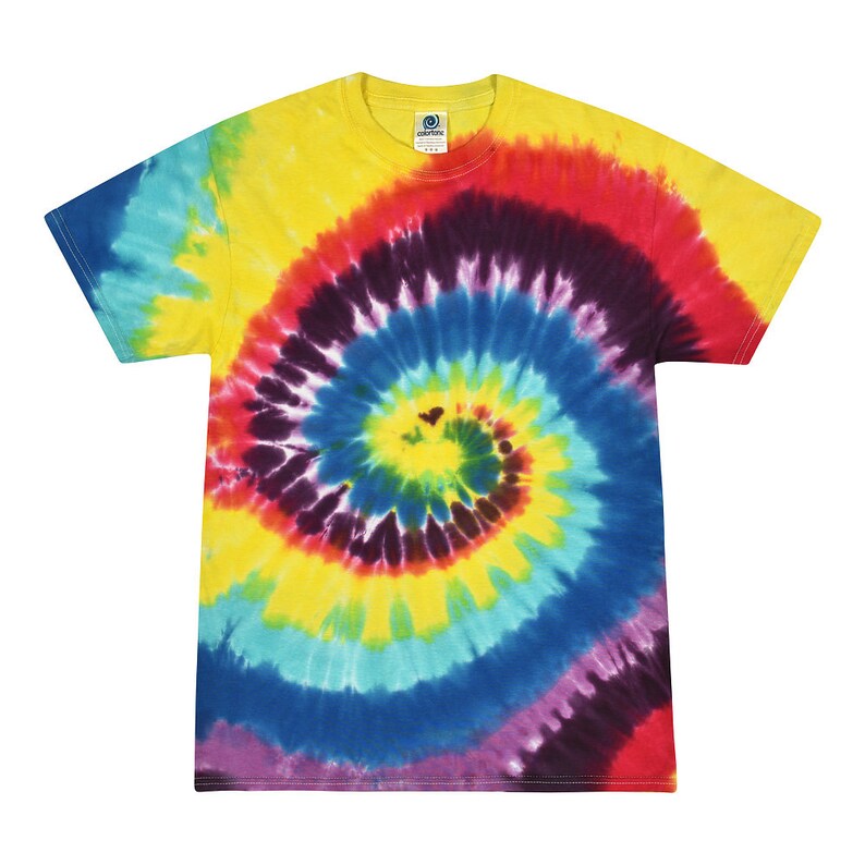 May include: A yellow, blue, red, and purple tie-dye t-shirt with a spiral pattern.