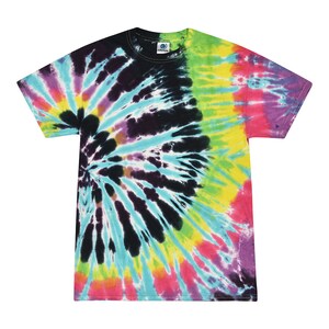 May include: A tie-dye t-shirt with a swirling pattern of black, blue, yellow, pink, and green.