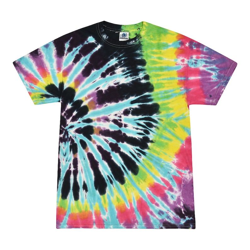 May include: A tie-dye t-shirt with a swirling pattern of black, blue, yellow, pink, and green.