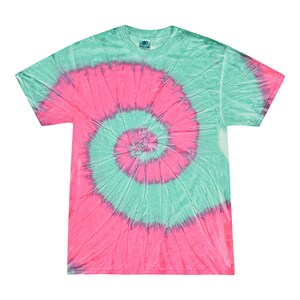 May include: A tie-dye t-shirt with a pink and green spiral pattern.