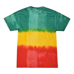May include: A tie-dye t-shirt with a green, yellow, and red color scheme. The shirt has a relaxed fit and a crew neck.