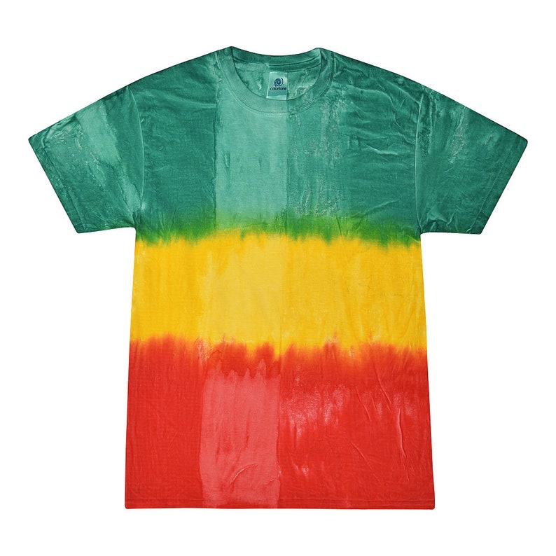 May include: A tie-dye t-shirt with a green, yellow, and red color scheme. The shirt has a relaxed fit and a crew neck.
