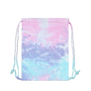 May include: A tie-dye drawstring bag with pink, blue, and white colors. The bag is made of a soft, cotton fabric and has a drawstring closure.