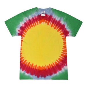 May include: A tie-dye t-shirt with a large yellow circle in the center surrounded by red, orange, blue, and green rings.