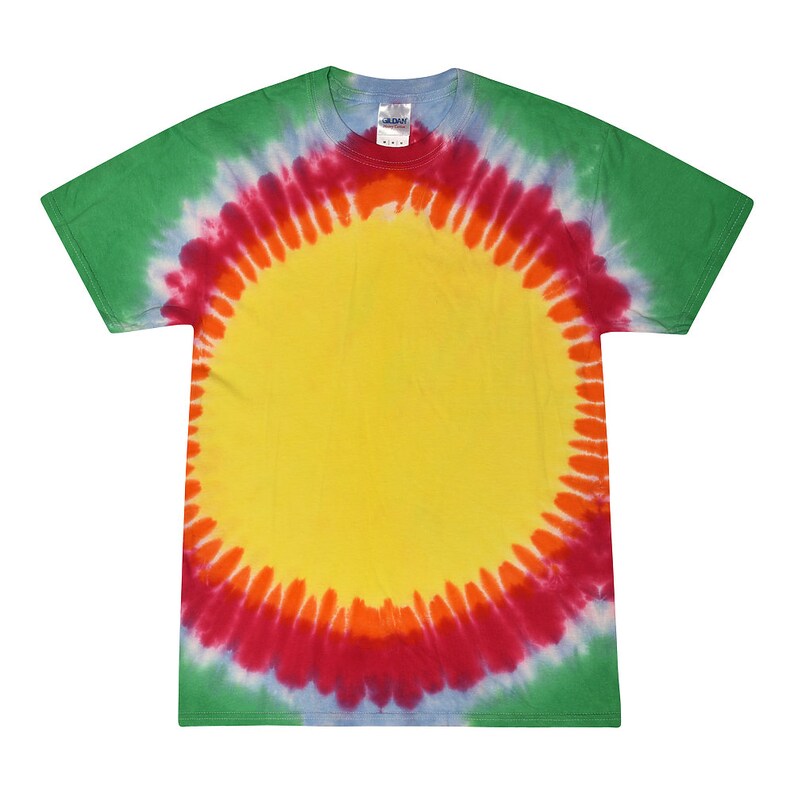 May include: A tie-dye t-shirt with a large yellow circle in the center surrounded by red, orange, blue, and green rings.