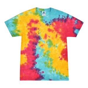 May include: A tie-dye t-shirt with a swirling pattern of yellow, blue, red, and purple.