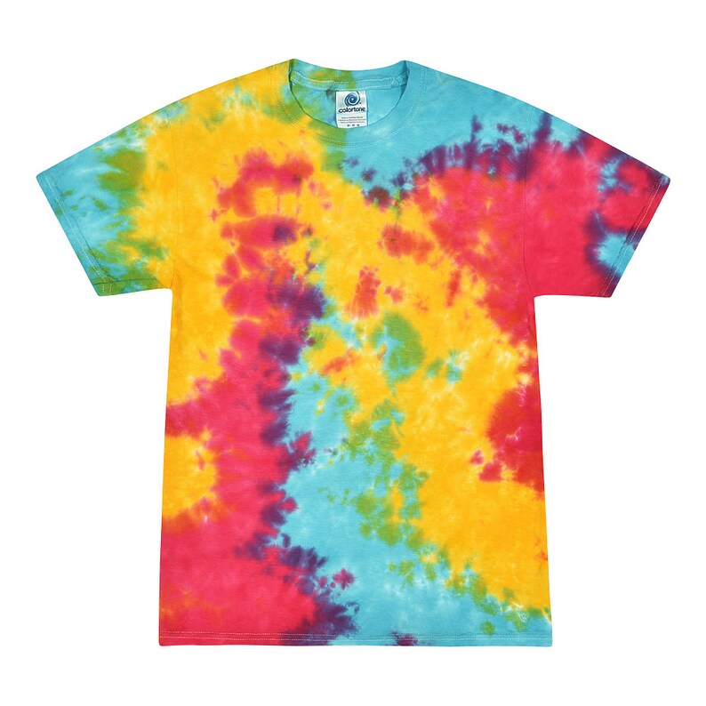 May include: A tie-dye t-shirt with a swirling pattern of yellow, blue, red, and purple.