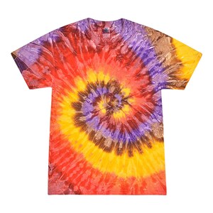 May include: A tie-dye t-shirt with a spiral pattern in shades of red, orange, yellow, brown, purple, and blue.