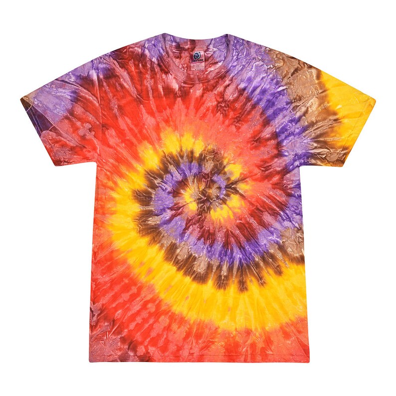 May include: A tie-dye t-shirt with a spiral pattern in shades of red, orange, yellow, brown, purple, and blue.