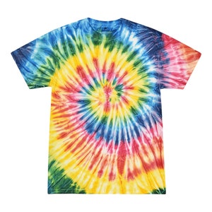 May include: A tie-dye t-shirt with a swirling pattern in shades of blue, green, yellow, red, and pink.