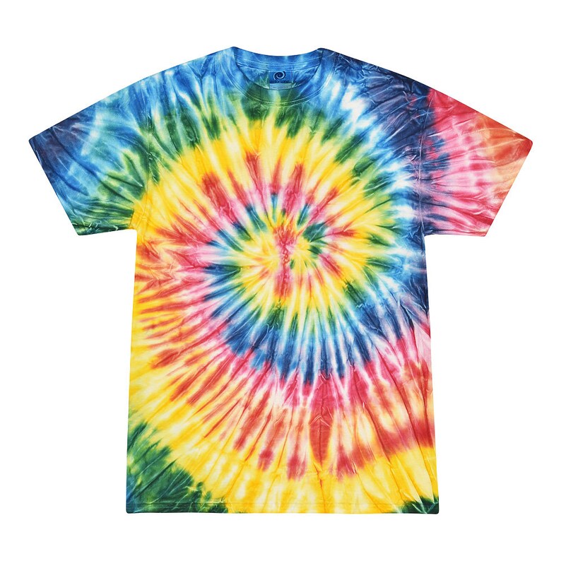 May include: A tie-dye t-shirt with a swirling pattern in shades of blue, green, yellow, red, and pink.
