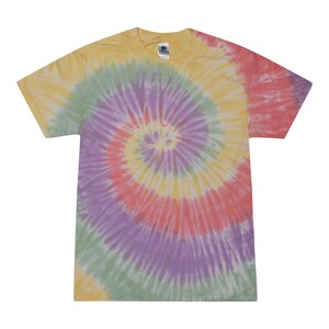 May include: A yellow, green, purple, and pink tie-dye t-shirt with a spiral pattern.