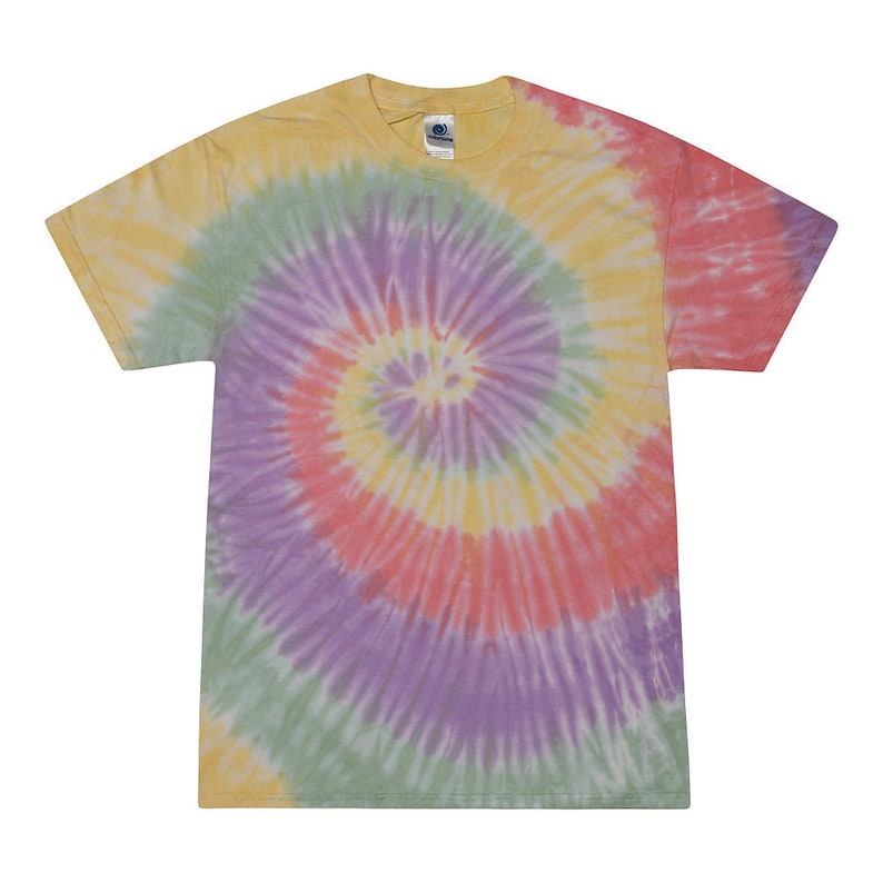 May include: A yellow, green, purple, and pink tie-dye t-shirt with a spiral pattern.