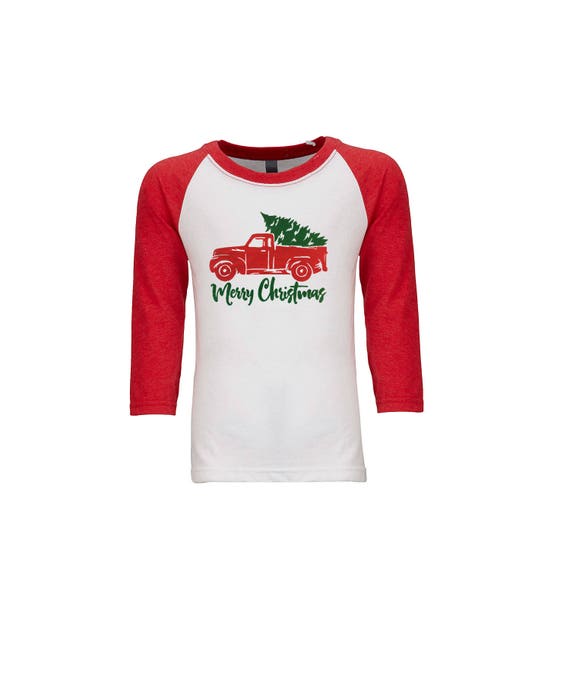 Merry Christmas Vintage Pickup Truck T Shirt 34 Sleeve Raglan Tops Unisex Kids Size Baseball T Shirts