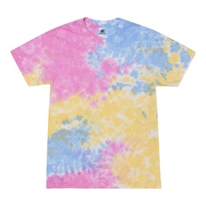May include: A tie-dye t-shirt in shades of pink, yellow, and blue. The shirt has a classic crew neck and short sleeves.