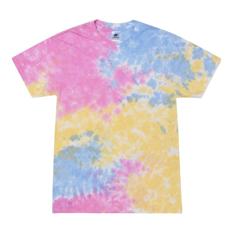 May include: A tie-dye t-shirt in shades of pink, yellow, and blue. The shirt has a classic crew neck and short sleeves.