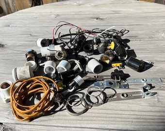 Reduced!! Large Lot of Salvaged Lamp Parts ~ Light Sockets~ Cords ~ Plugs ~ Porcelain ~ New & Used ~ Junk Drawer ~ Art Projects ~ Steampunk