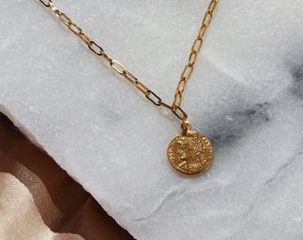 Ines - Gold Coin Link Chain Necklace. Gold Medallion Necklace.  Chunky Chain Necklace. Layering. Jewelry Gift Ideas. Ancient Greek Jewelry