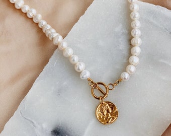 Chloe - Pearl Necklace With Gold Coin Pendant. Freshwater Pearl Necklace. Toggle Clasp Necklace. Ancient Greek Jewelry
