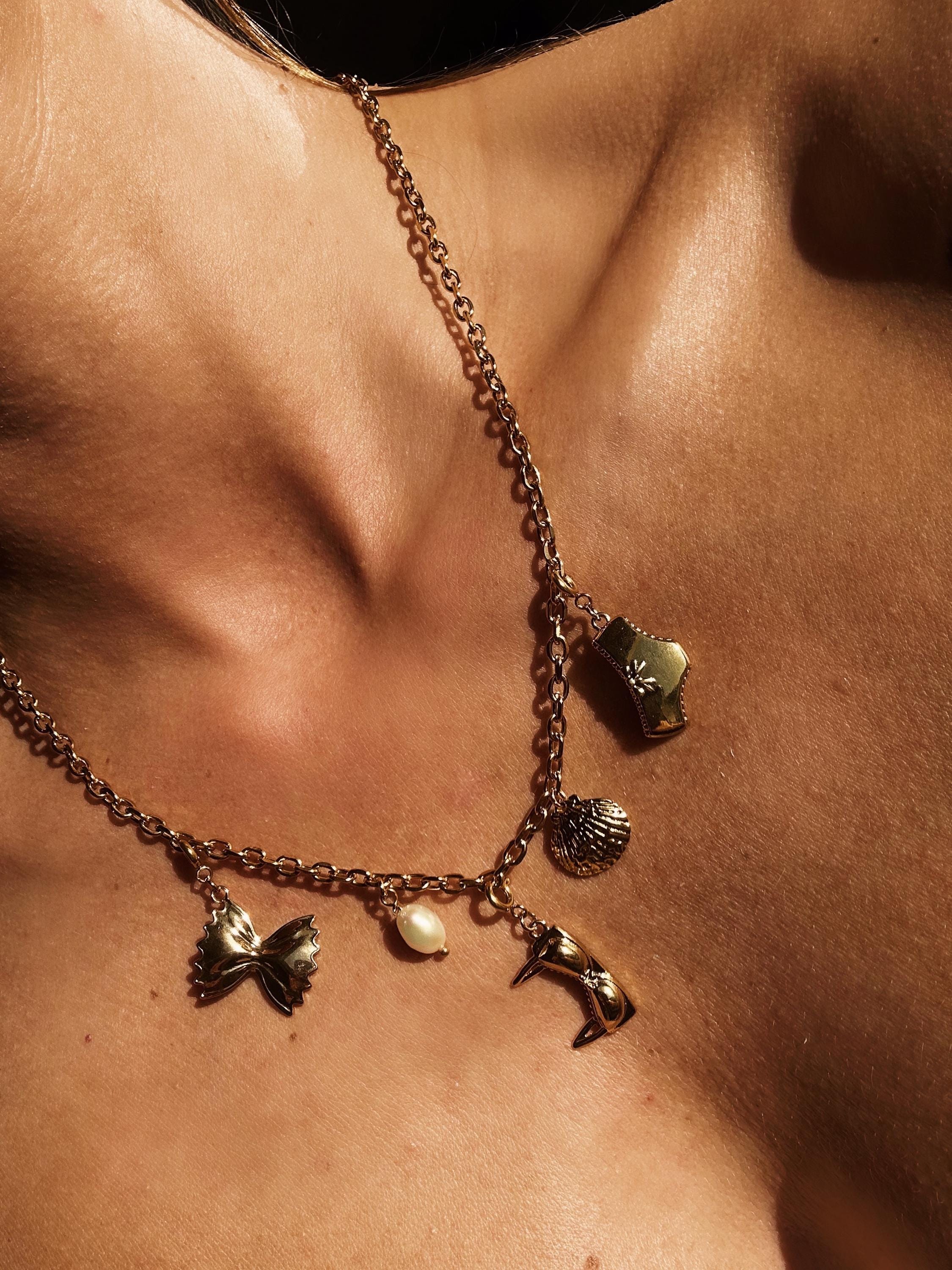 Detachable Charm Necklace: Stainless Steel Bikini, Pearl, Shell - Handmade
