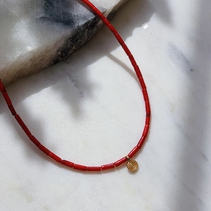 Red Coral Natural Red Coral Beads with Gold Round Swirl Pendant Necklace. Boho Jewelry. Coral Beads Necklace. Layering Necklace. Gift Idea image 2