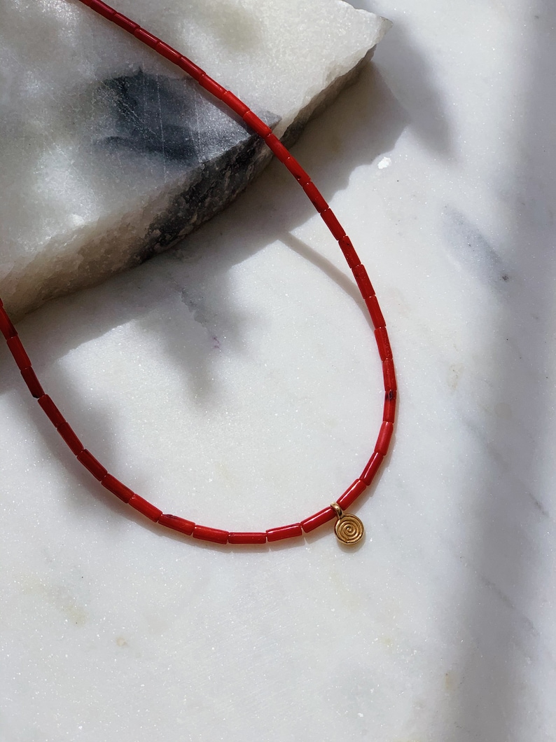 Red Coral Natural Red Coral Beads with Gold Round Swirl Pendant Necklace. Boho Jewelry. Coral Beads Necklace. Layering Necklace. Gift Idea image 2